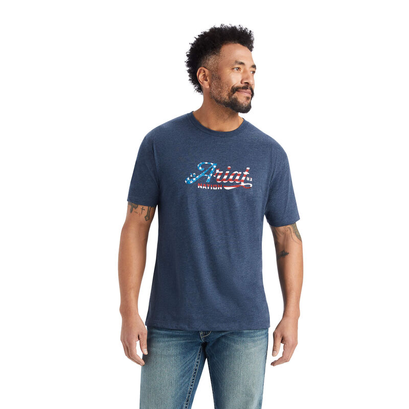 Camisetas Ariat Script Flag Azul Marino Hombre - Chile 168-ZJOLCA